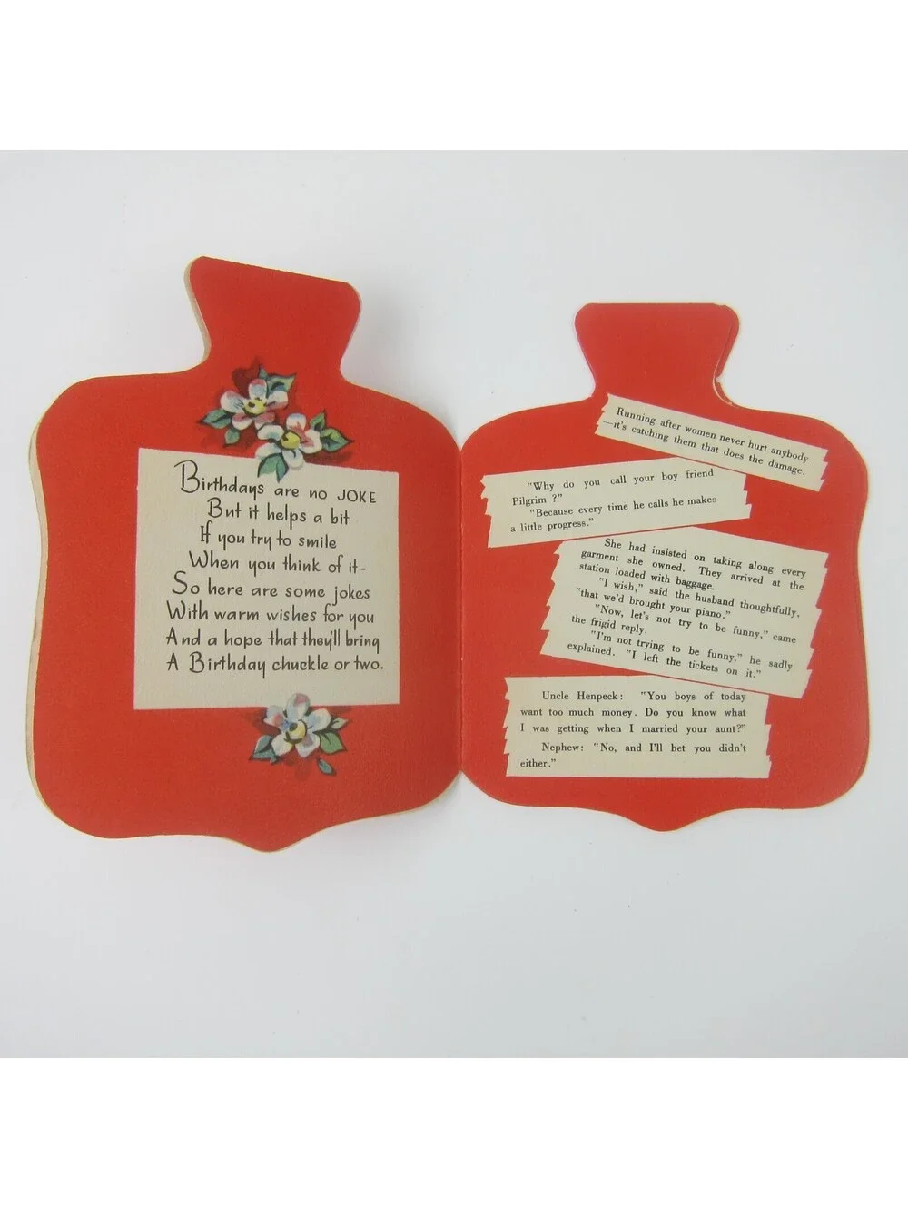 Vintage Birthday Card Anthropomorphic Hot Water Bottle Six Pages of Jokes 1950s